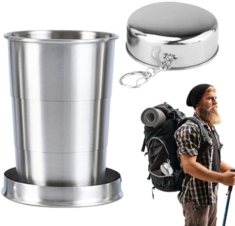 Bicchiere pieghevole in acciaio inox, tazza d'acqua pieghevole per campeggio, tazza telescopica pieghevole portatile in acciaio inox, con portachiavi in metallo per viaggi, campeggio, picnic