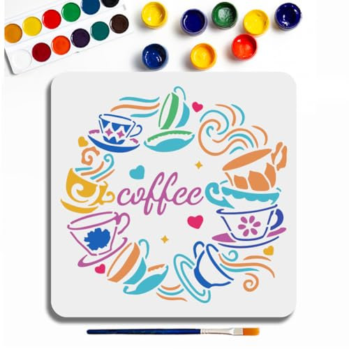 MAYJOYDIY Teacup Stencil 30×30cm Large Coffee Teacup Template with Paint Brush Reusable Afternoon Tea Drawing Stencil for Wood Fabric Wall Window DIY Craft