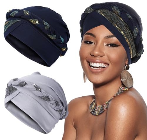 XEPST 2 Stück Chemo Turban für Damen, Kopfbedeckung Beanie Mütze Sonnenschutz Kopf Damen Krebs Patienten Haarausfall Schlafhaube für Frauen, Marineblau und Grau
