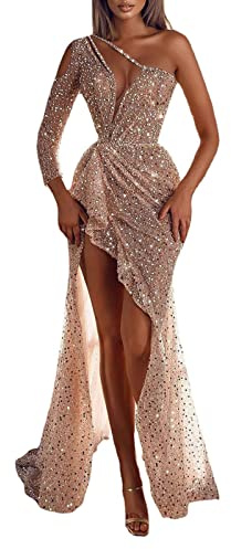 Abendkleid Damen Elegant Glitzer Cocktailkleid Damen mit Schlitz Ballkleider Damen Lang Sexy Petticoat Kleid Frauen One Shoulder Maxikleider mit Beinschlitz Pailettenkleider A-Linien