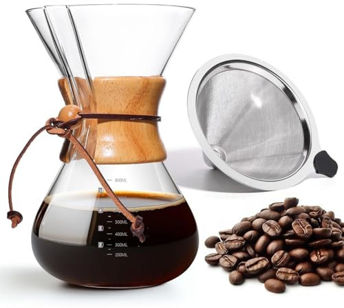 Yopinmall Pour Over Coffee Maker, 8 Cup Borosilicate Glass Drip Coffee Maker with Reusable Stainless Steel Filter and Cork Grip for Home Café 800 ML