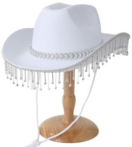 FEESHOW Damen Cowboy Hut Mit Glitzer Strasssteinen-Fransen Cowgirl Hut Breite Krempe Party Halloween Karneval Kopfbedeckung Weiß Einheitsgröße