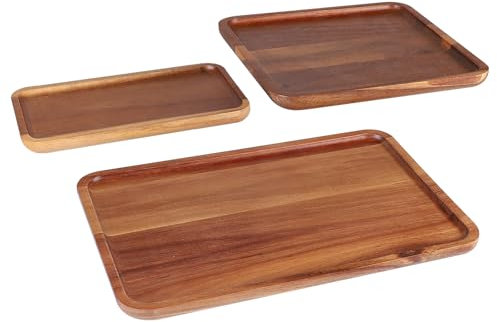 CPROSP 3 Pezzi Vassoio Legno Rettangolare 10 x 20 cm, 20 x 20 cm, 30 x 20 cm, Vassoio Portaoggetti, Vassoi da Portata di Acacia per Caffe, Bomboniere, Aperitivo, Dessert