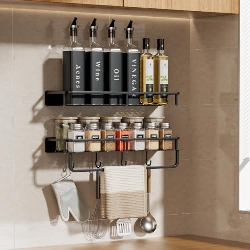 devesanter Gewürzregal Wand 2er Set 40 cm mit 4 Haken Gewürzregal Hängend,Küchenregal Ohne Bohren, Wandregal Hängend für Küchen und Bad Organizer（Schwarz）