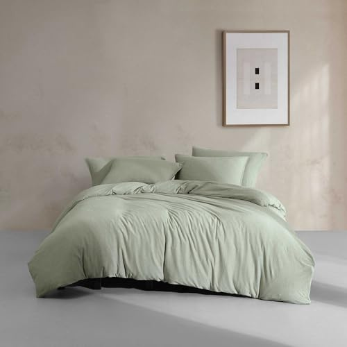 Calvin Klein - King Duvet Cover Set, Soft Modern Cotton Melange Jersey Bedding with Matching Shams, Snap Closure, (Light Green)
