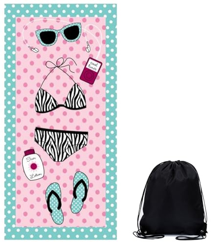 MUNSKT Mikrofaser-Strandtuch, extra groß, sandfrei, schnell trocknend, für Erwachsene, leichtes Schwimmbad-Yoga-Handtuch mit Tragetasche, 4 Designs, Palme, Flamingo, Bikini, bunte Streifen
