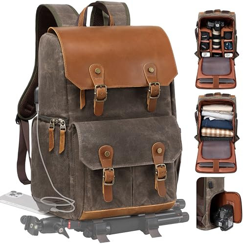 Padwa Lifestyle Coffee Camera Backpack - Weather Resistant Waxed Memory Canvas Camera Backpacks for Photographers,Multi DSLR SLR Camera Bag with 16” Laptop & Lens Compartment and Tripod Holder