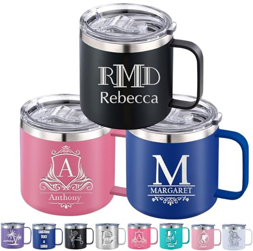 Akmxem Tazza da caffè personalizzata 350ML/410ML con coperchio e manico, bicchiere termico personalizzata in acciaio inox con nome inciso, testo, logo e foto mantiene freddo/caldo
