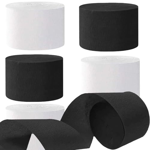 Weiße und schwarze Krepppapier-Luftschlangen, 4,6 cm, 6 Rollen, schwarz-weiße Party-Luftschlangen, 25 m pro Rolle, für Geburtstag, Hochzeit, Party-Dekorationen