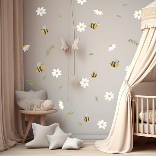 TamTamTu - Wandsticker für Kinder - Bienen, Gänseblümchen und Blätter - Dekoration für Baby- oder Kindergartenzimmer - Abwaschbar und leicht zu verkleben - Pastellfarben AM209