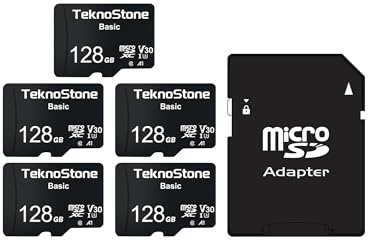 TEKNOSTONE Lot de 5 cartes mémoire micro SDXC Basic de 128 Go avec adaptateur jusqu'à 90 Mo/s de vitesse de lecture U3 V30 A1 - Vidéo HD - Support carte TF pour caméras embarquées, caméras de sécurité