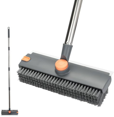VINATO 2 in 1 Bodenschrubber mit Wasserschieber, 360° Drehung Schrubber mit Stiel, Steife Borsten Scheuerbürste, Schrubber für die Reinigung von Terrasse, Badezimmer, Fliesen, Küche, Wand
