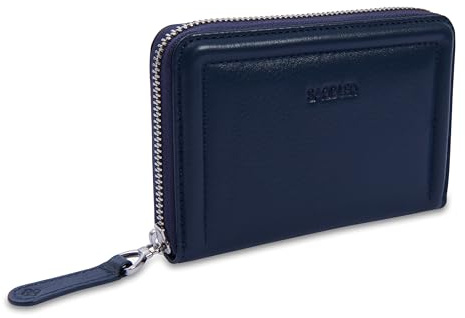 SADDLER Annie Women's Leather RFID Clutch Purse Wallet, 14cm, Navy | Organises essentials with two zippered sections and a coin pocket, tissue-wrapped inside a floral-lined gift box.