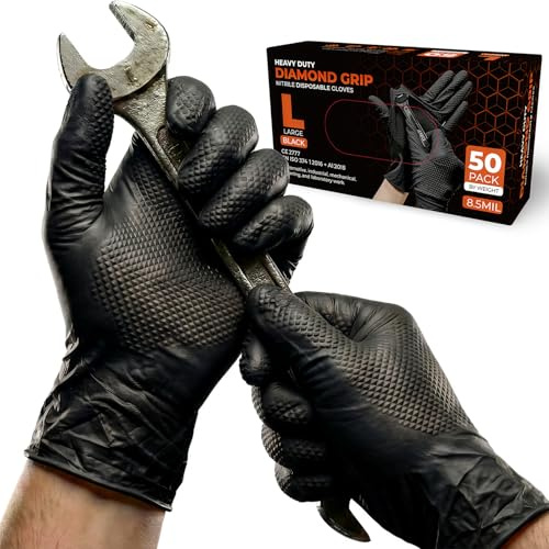 50 Stück, Einweghandschuhe L, Diamant Grip - Schwarz Einmalhandschuhe, Puderfrei & Latexfrei, Extra Dicke und Starke Nitrilhandschuhe, Mechaniker Handschuhee für Werkstatt, Kfz & Industrie