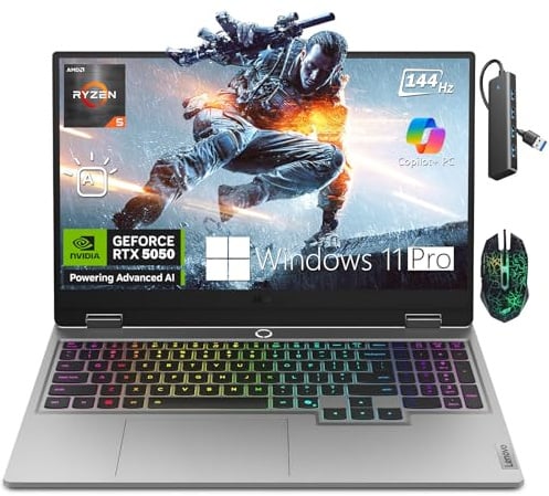 Lenovo LOQ Gaming Laptop, 15.6 FHD IPS 144hz LOQ 15 Laptop, AMD Ryzen 5 220 Processor, NVIDIA GeForce RTX 5050 Laptop GPU (8GB GDDR7), 32GB DDR5 RAM, 1TB SSD, Windows 11 Pro, Luna Grey
