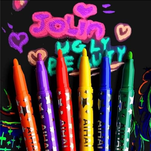 Glow in the Dark Markers, glitter paint pens, 6 Piece Gel Crayons and Glitter Paint Pen Set with Self Luminous Technology, Neon Art Supplies for Fabric, Paper and Temporary Body Art