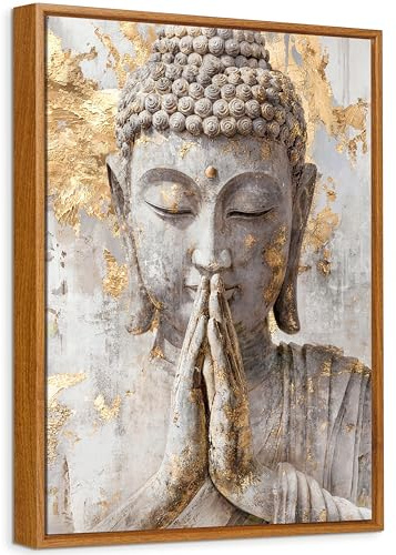 Grau Goldener Buddha Leinwand Bilder Mit Rahmen Wandposter Abstrakte Buddhistische Verehrung Bild Zen Spiritualität Wandbilder Meditationsraum Yoga Spa Schlafzimmer Wanddekor 40x60cm (Ohne Acrylglas)