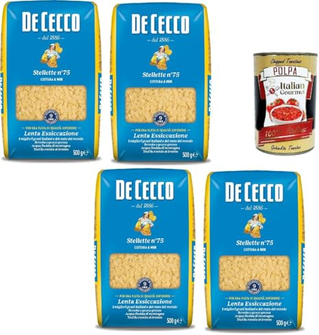 Italian Gourmet Bundle Stellette n°75 Pasta aus Hartweizengrieß 2kg (4 x 500g) Lenta Essiccazione Sternchen-Pasta für Suppen & Kinder + Italian Gourmet Polpa Gehackte Tomaten 400g