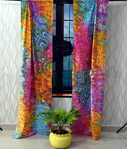 Tye and Dye Multi Yoga Mandala Tapestry Room Curtains Boho Sheer Curtains Mandala Window Rod Pocket Cotton Curtain Hippie Tapestry Door Curtain Drape Balcony Window Length Curtains (Multi Blume)