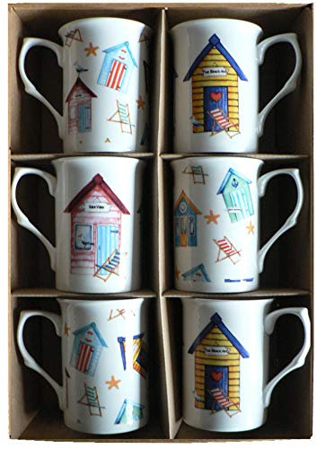 Beach Hut Mugs Bone China Set of 6 Gift Boxed