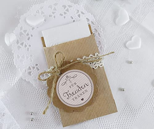 Freuden Tränen 24 Sticker + 24 braune leicht getreifte Flachbeutel - Kraftpapier - 63 x 93 mm • Hochzeit Wedding Freudentränen Taschentuch Verpackungen • Aufkleber SAND 4cm rund matt