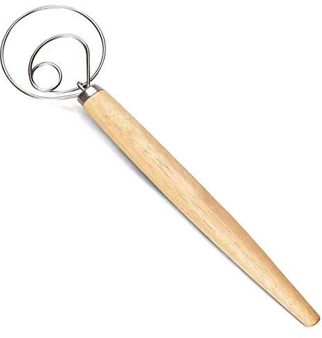 MiawPay Danish Dough Whisk Bread Making Tools Stainless Steel Danish Dough Hook Bread Dough Mixer Hand Bread Dough Whisk for Pastry, Baking Cake, Dessert, Sourdough, Pizza, with Wooden Handle, 13 inch