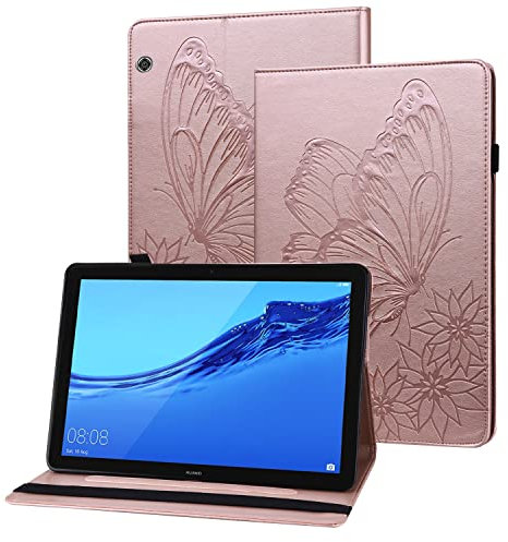 Rostsant Funda Huawei Mediapad T3 10 Carcasa de Cuero PU Relieve de Mariposa con Soporte para Bolígrafo Funda Tableta para Huawei Mediapad T3 9.6 Pulgada - Oro Rosado