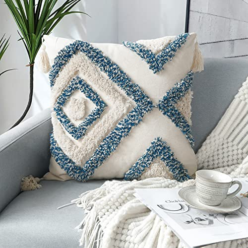 JASEN Dekorativer Boho-Kissenbezug, gewebt, getuftet, mit Quasten, Rautenmuster, für Couch, Sofa, Schlafzimmer, Wohnzimmer, Blau und Beige (ohne Kissenfüllung)