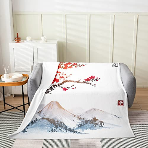 Homewish Flanelldecke für Mädchen Kirschblüte für die ganze Saison Kinder rosa Blüte Überwurf Schlafsofa Couch Dekoration Jungen japanischer Blumenzweig Fleecedecke Fuji-Berg Plüschdecke, 150 x 200