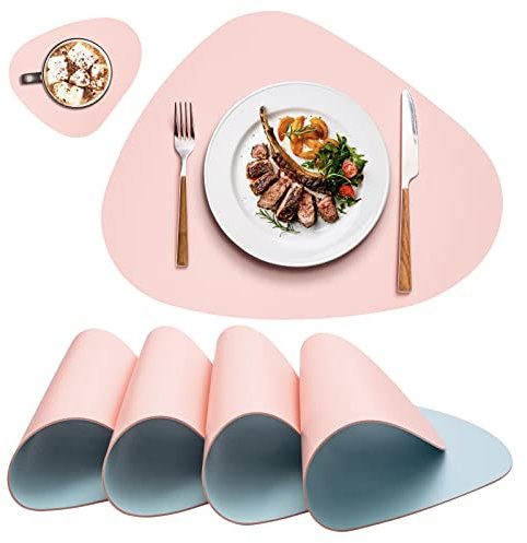 Platzsets Platzdeckchen Abwaschbar Rund,Tischsets rutschfest,Teller Untersetzer Rund,Tischset Lederoptik,Doppelseitigen Platzset und Untersetzer Teller 4er Set Oval(Rosa&Blau)
