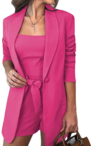 Onsoyours Tuta da Donna 3 Pezzi Tinta Unita Completo da Donna a Maniche Lunghe con Pantaloncini e Top per Ufficio e Lavoro Slim Fit Fucsia XXL