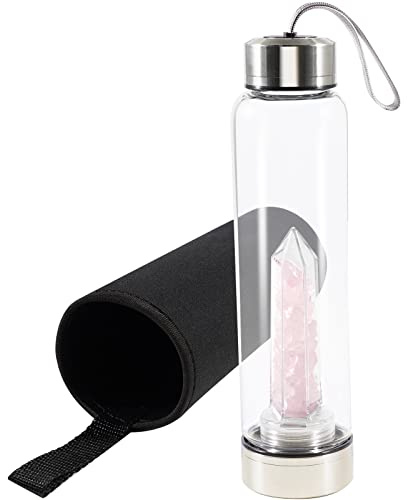 Soulnioi Crystal Glass Water Bottle Crystal, Drinking Flask Hexagonal Glass Protective Cover with Crushed Stones Removable Portable Proof Leak Gemstone Bottle Creative Gift- Pink/550ML