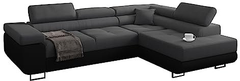 MINIO go for it - Ecksofa Manila I Sofa mit Schlaffunktion I 272x88x203 cm (Rechte Ecke) I Verstellbare Kopfstützen I Schlafsofa mit Bettzeugkästen I Hochwertige Stoffe I Grau und Schwarz