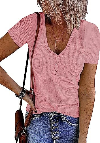 FANGJIN Tee Shirt T-Shirts à Manches Courtes Femme Uni Long Boutonné Top Haut Pas Cher été Chic Grande Taille Sexy Sport Oversize Ample Vetement Rose L (40 42)