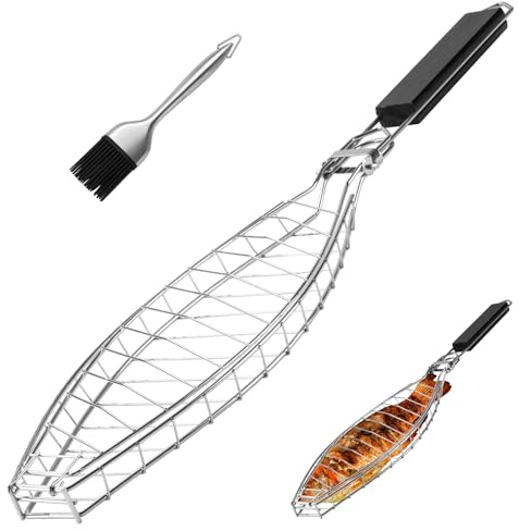 shidaishiye Cesta de parrilla de pescado, cestas de parrilla de acero inoxidable para peces con mango desmontable, chapado