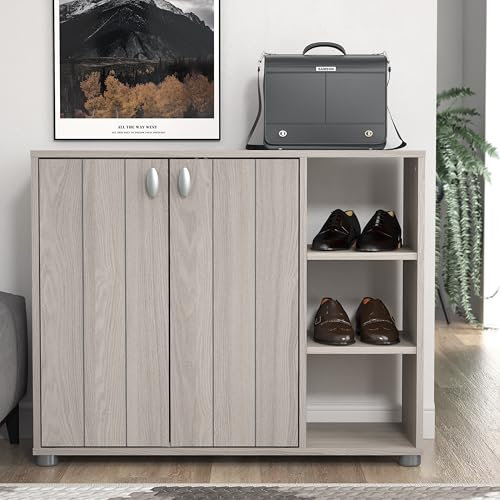Galano Hansel 12 Pairs Cabinet – 2 Door Storage Unit, Modern Organizer for Hallway – Warm Grey Oak
