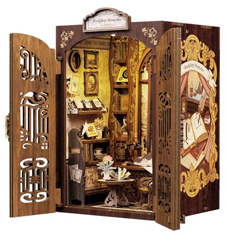 CUTEBEE Book Nook Kit - DIY Puppenhaus, Miniatur Haus Selber Baue Bausatz mit Staubschutzhülle und LED-Licht, Booknook Library Modellbausätze für Erwachsene zu Bauen (Bookshop Memories)