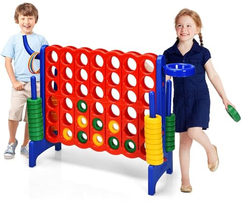HOMASIS Riesiges 4 Gewinnt Spiel, 4 in Einer Reihe Spiel mit Basketballkorb & Wurfspiel, Strategiespiel mit 42 Ringen, XXL Brettspiel Spielzeug für Kinder & Erwachsene Outdoor (Rot + Blau)