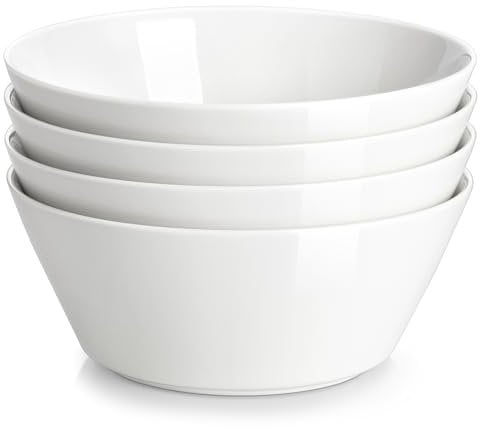 MALACASA Serie REGULAR, Juego de 4 Cuencos de Porcelana 1050 ml | 7,5 x 7,4 cm | Tazones de Desayuno para Frutas, Ensaladas, Sopas y Cereales | Apto para Lavavajillas y Microondas | Blanco