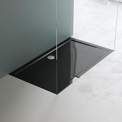 Mai & Mai Plato de Ducha 80x160x4 cm – Acrílico Negro Rectangular, Antideslizante y Resistente, con Desagüe Al02, Instalación a Ras de Suelo o Sobresuelo Faro2