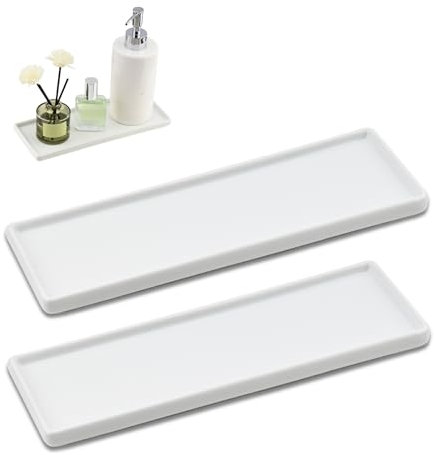 YoHyien Ceramic Bathroom Tray Organiser, White Bathroom Vanity Tray, Perfume Tray for Dresser, Decorative Trinket Tray, Rectangle Cosmetic Tray for Cosmetic, Soap Dispenser, Candle, Kitchen Sink (L)