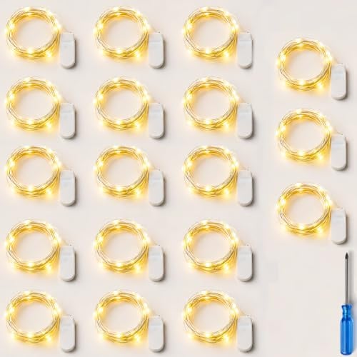 18 Stück mini LED Lichterkette Batterie 2 m 20 LEDs mit CR2032, Warmweiß | Kupferdraht Lichterketten Innen Silberdraht für DIY Vasen Geschenke Weihnachten Hochzeit Deko