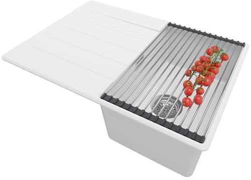 PRIMAGRAN Fregadero Cocina Blanco 70x50cm, Granito 1 Seno + Sifón + Enrollable Escurridor, Sobre encimera al mueble 40cm - Copenhague