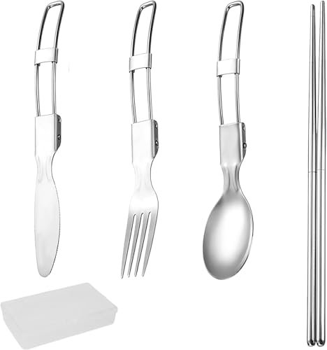 4PCS Folding Cutlery Set - Travel Utensils - Portable Fork Spoon Knife Chopsticks - Stainless Steel Tableware for Camping Office Outdoor (Silver)