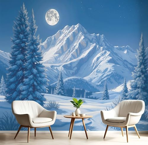 JEDTAKCT Papier Peint Panoramique Ciel Étoilé Et Montagnes Enneigées, Papier Peint Forêt D'Hiver Bleu 200X140Cm, Tableaux Poster Photo Décoration Murale, Fond Tv Décoration Murale Salon Chambre