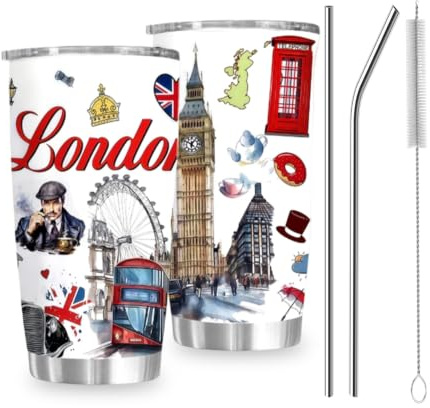 Leseogye London Geschenk für Frauen & Männer, 600ml Edelstahl Tumbler mit Deckel & Strohhalm, Vakuum Isolierter Reisebecher Skyline Motiv, Souvenir & Geburtstagsgeschenk