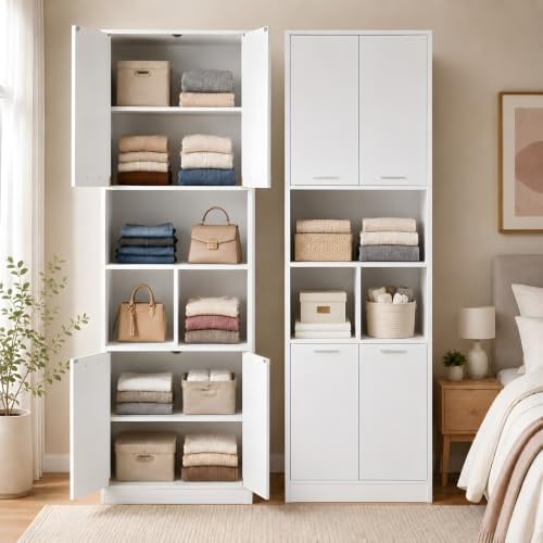 GOKHOMX Kleiderschrank Weiß 180,5 cm Hoch, Wäscheschrank mit 4 Türen, offenen Fächern & verstellbaren Einlegeböden, je 60 cm Breit, Mehrzweckschrank für Schlafzimmer, Flur, Bad, 2er Set