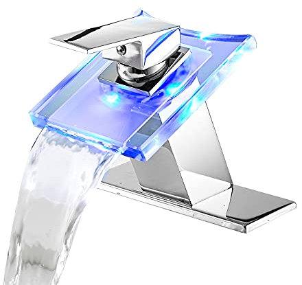 Bagno Lavello Rubinetto Cascata Vetro Beccuccio LED Luce 3 Colori Cambiare Acqua Calda e Fredda Miscelatore Singola Maniglia Un Foro Deck Mounted Bagno Rubinetto Vanity Lavabo Rubinetto Cromo