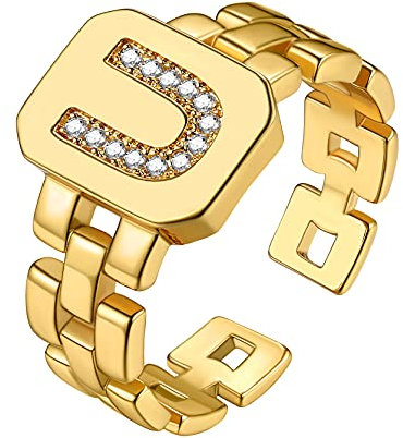 GOLDCHIC JEWELRY Minimalistischer Buchstaben Ring mit Alphabet U Harry Styles Offener Verstellbarer Siegelring Stapelbarer Initiale Alphabet U Ring mit Zirkonia Kupfer Ring Schmuckzubehör