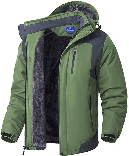 SPOSULEI Herren Winter Fleecejacke Warme Verdickt Gefüttert Skijacke Outdoor Winddicht Wasserdicht Jacke mit Abnehmbarer Kapuze für Wandern Grasgrün L